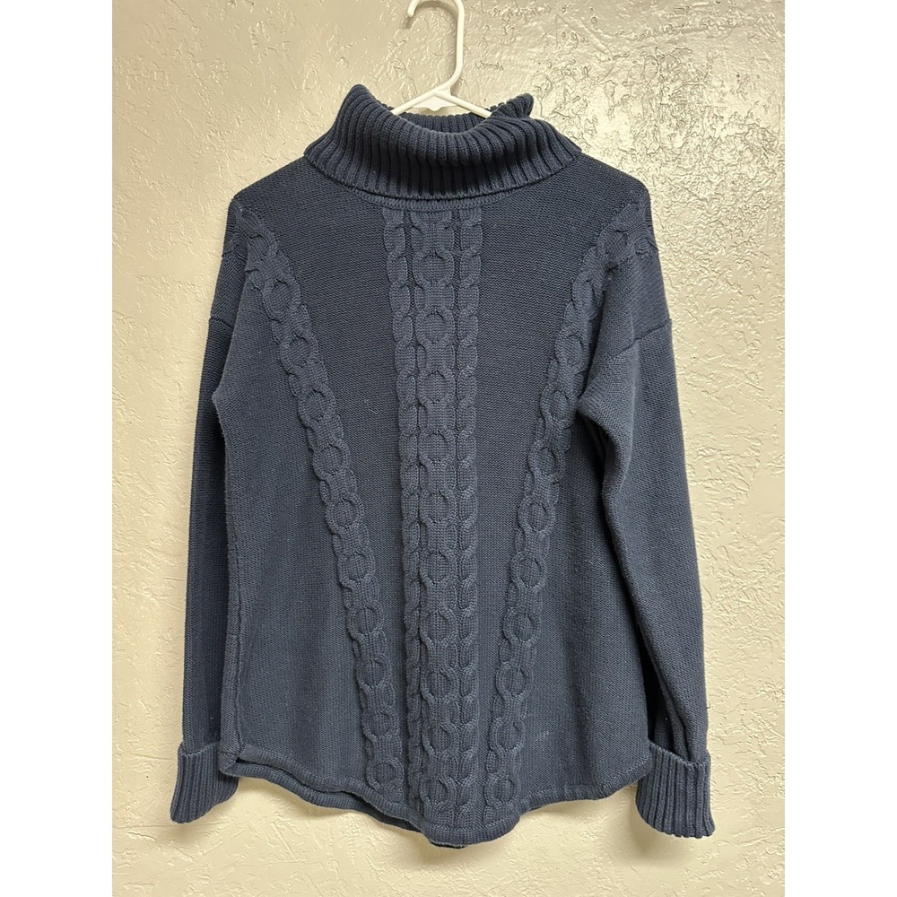 LL Bean Sweater Women's Size small Navy Fisherman Cable Knit Turtleneck Cotton